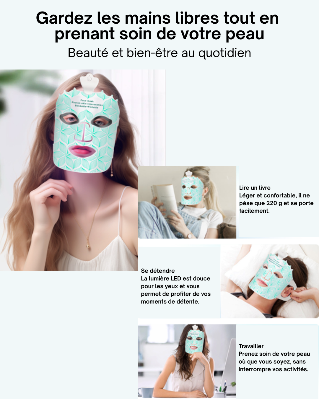 Masque LED photonique 7 couleurs, soin visage & cou rechargeable
