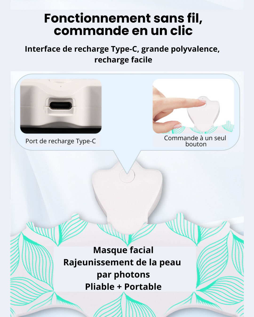 Masque LED photonique 7 couleurs, soin visage & cou rechargeable